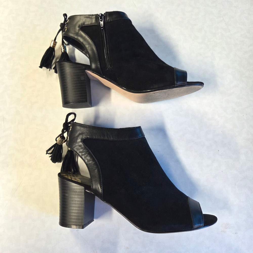 Biba Ivarna Peep Toe Booties Womens 8M Black Excellent Tassel Block Heel Cutout